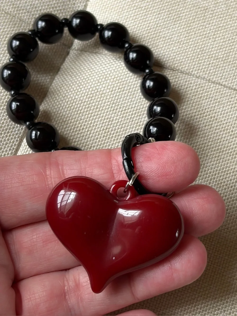 Black Beaded Bracelet/Keychain with Red Heart Charm